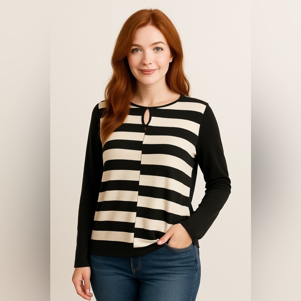 Worthington Black and White Striped Blouse Medium